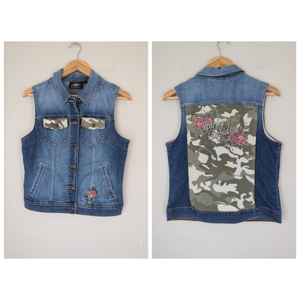 Harley Davidson Embroidered Floral Camouflage Inset Denim Vest Small Women's